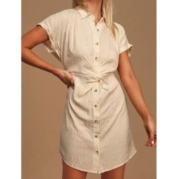 Lulus | Dresses | Lulus Casual Perfection Tan White Stripe Twist Front Dress  | Poshmark